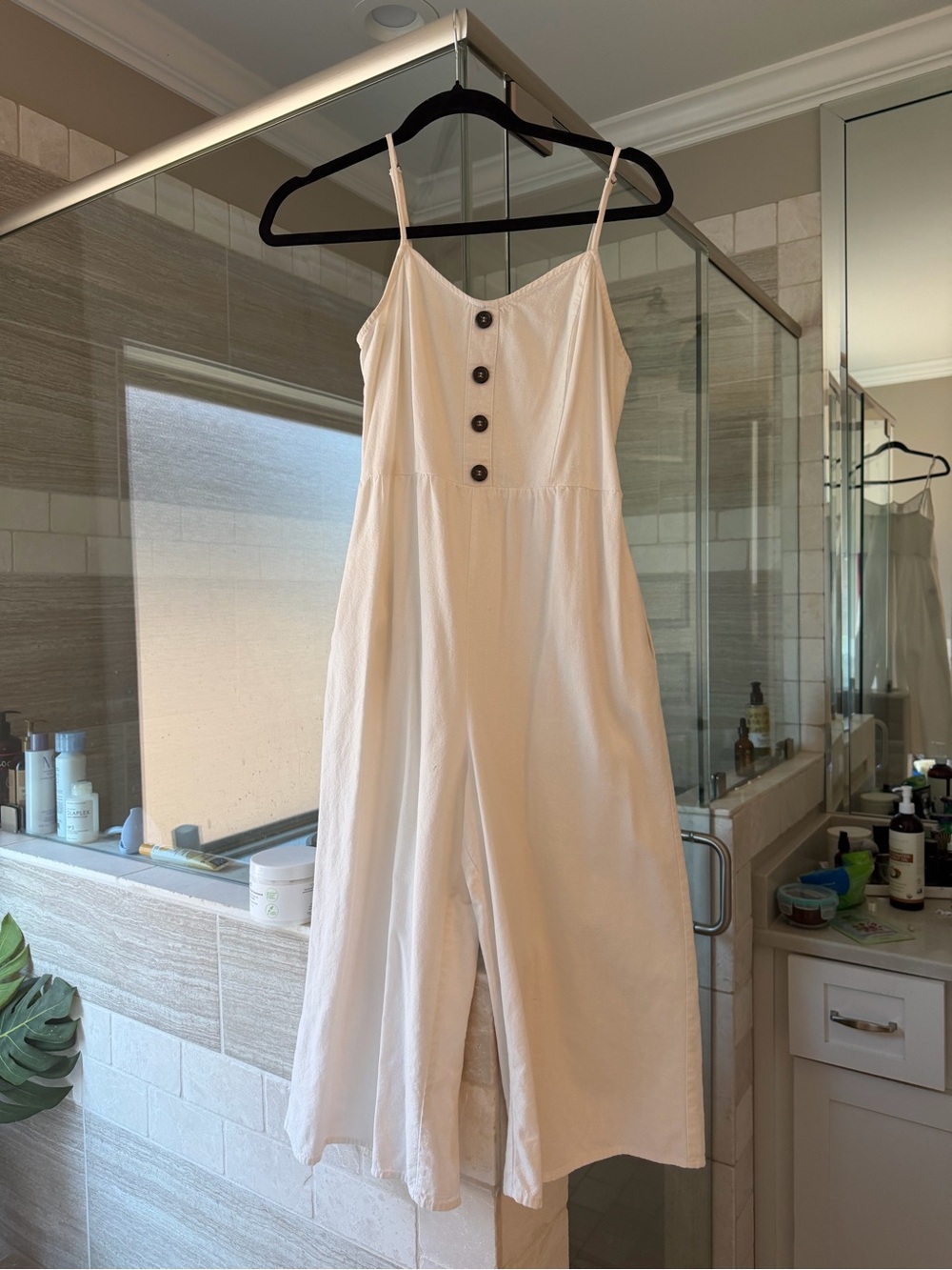 Women’s Cream Spaghetti-Strap Jumpsuit with Button Front